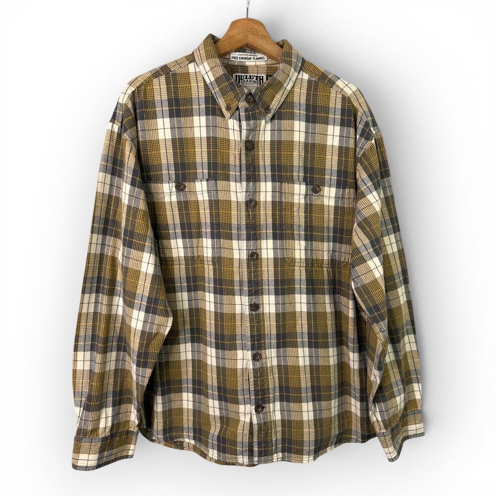 Duluth Trading Co Free Swingin Flannel Shirt Mens XL Relaxed Untucked Plaid Gold